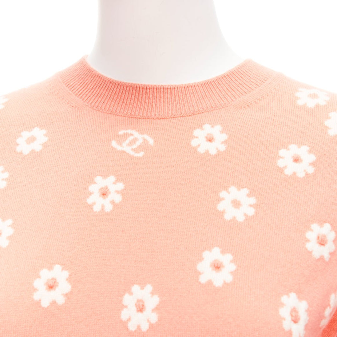 CHANEL 22P peach cashmere blend floral CC knitted pullover sweater FR34