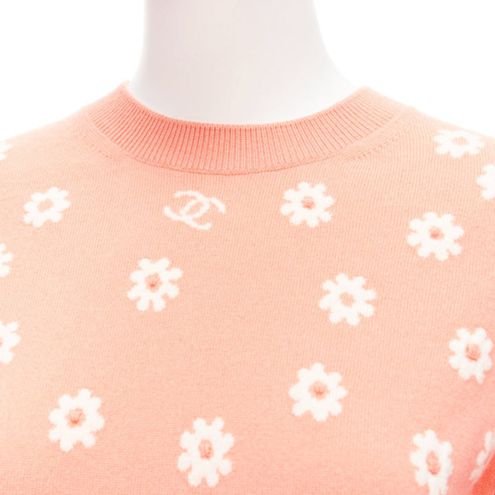 CHANEL 22P peach cashmere blend floral CC knitted pullover sweater FR34