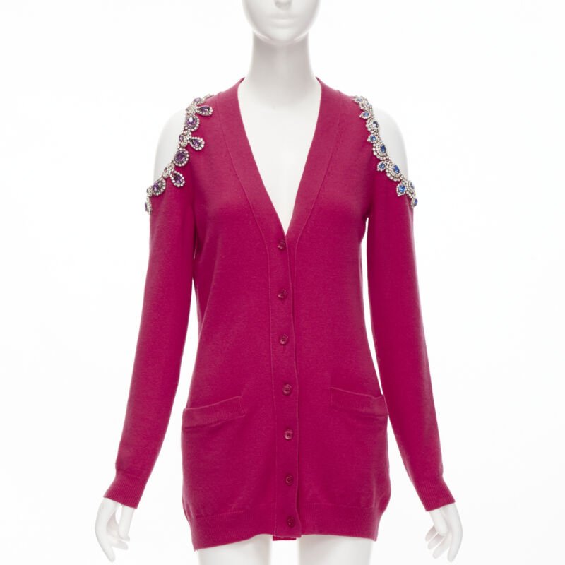 MOSCHINO fuschia pink cashmere crystal jewel cold shoulder cardigan IT36 XS