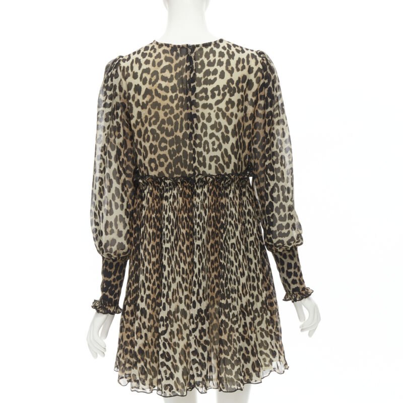 GANNI brown leopard spot print pleated flared babydoll dress FR36 S