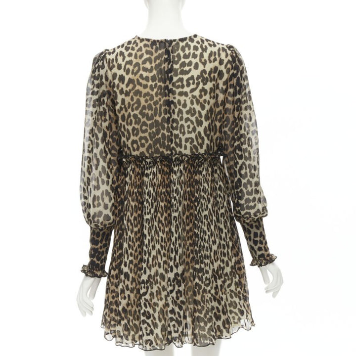 GANNI brown leopard spot print pleated flared babydoll dress FR36 S