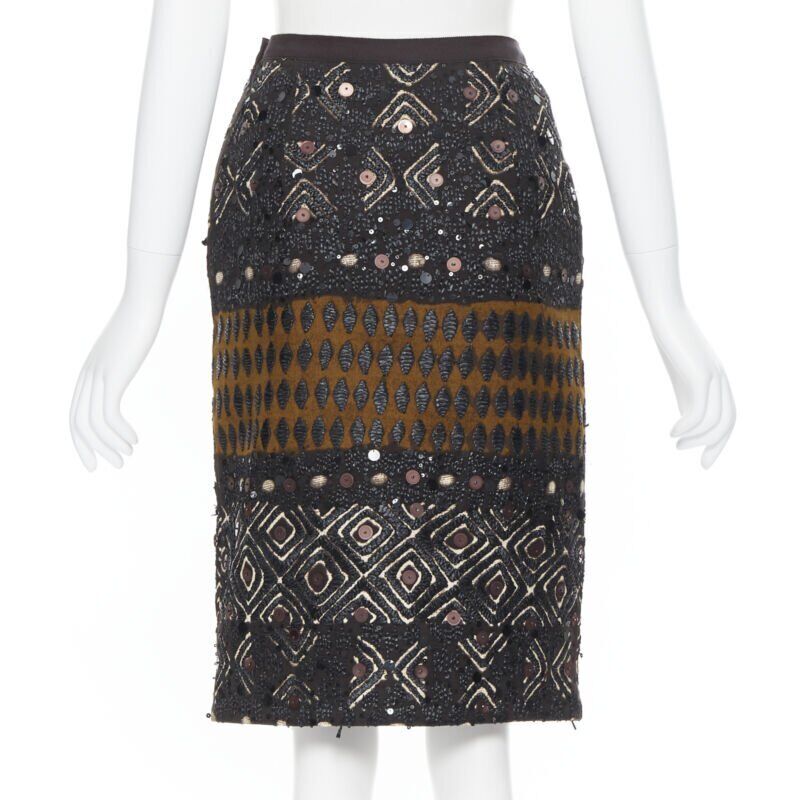 OSCAR DE LA RENTA 2008 brown raffia sequins embellished jacquard skirt US0 24"