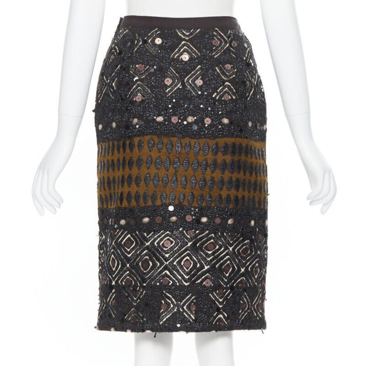 OSCAR DE LA RENTA 2008 brown raffia sequins embellished jacquard skirt US0 24"
