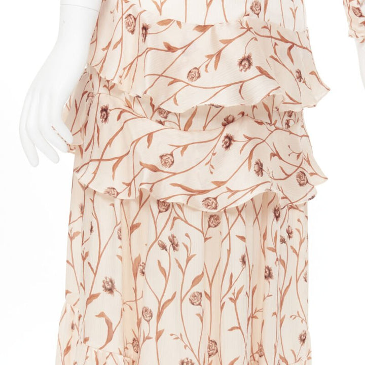 JOHANNA ORTIZ Mysterious Soul beige floral one shoulder tier maxi dress US2 XS