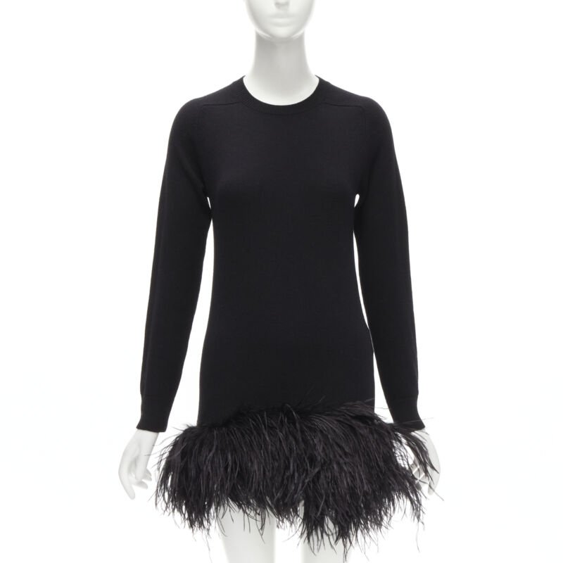 SAINT LAURENT 100% cashmere black ostrich feather trim mini sweater dress XS