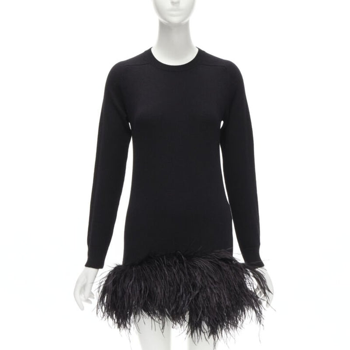 SAINT LAURENT 100% cashmere black ostrich feather trim mini sweater dress XS