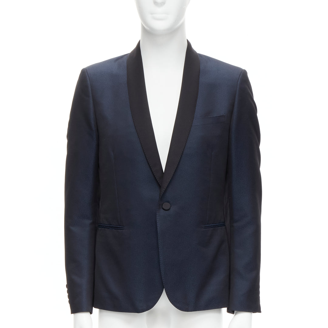 SAINT LAURENT navy metallic textured satin shawl tuxedo blazer EU50 L