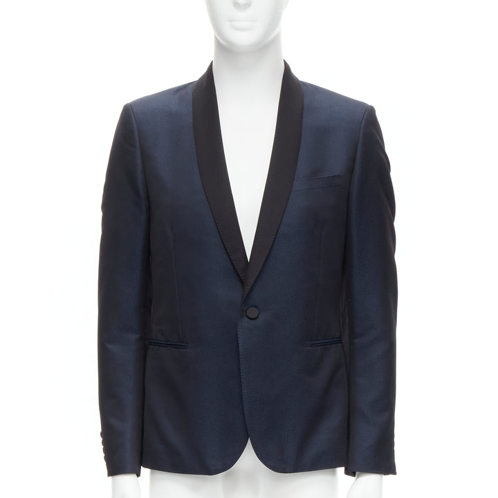 SAINT LAURENT navy metallic textured satin shawl tuxedo blazer EU50 L