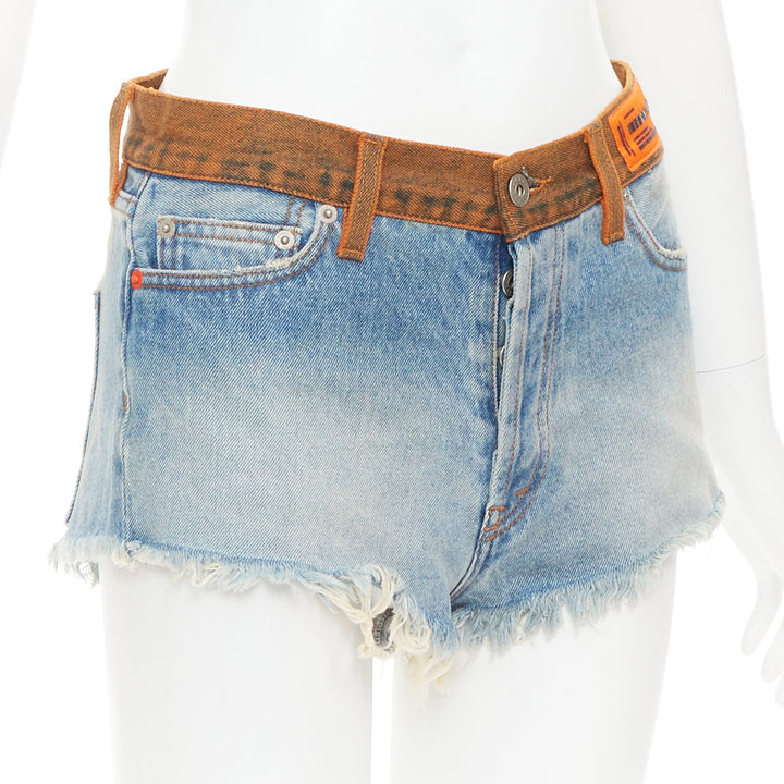 HERON PRESTON western cowboy blue washed denim orange waist cut off shorts 25"