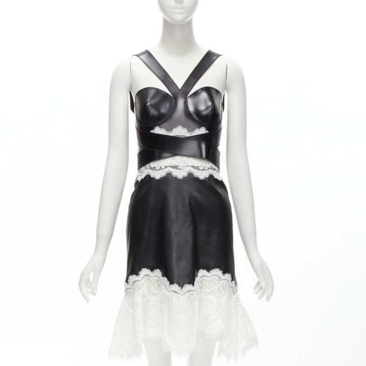 ALEXANDER MCQUEEN 2020 Runway black leather bustier white lace dress IT38 S