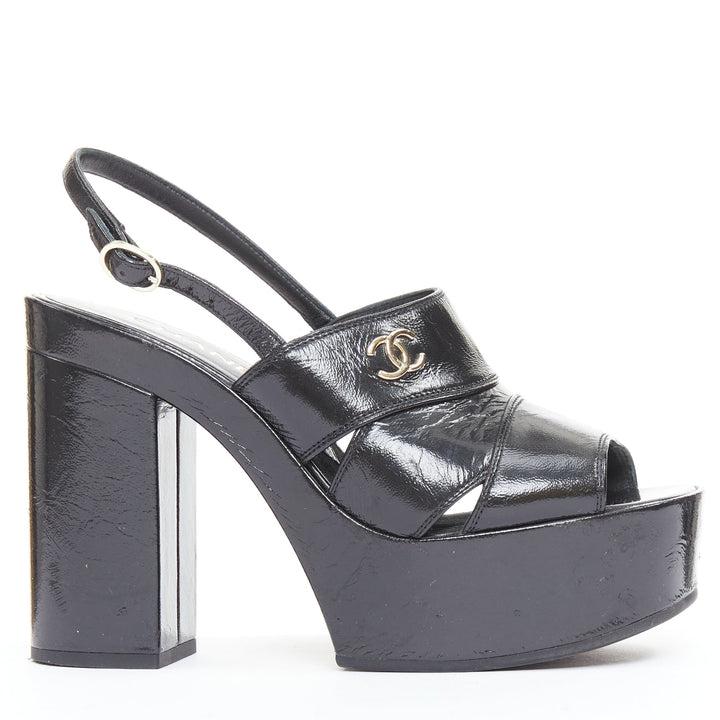 CHANEL 2024 black crumpled leather silver CC logo wedge platform heels EU37.5