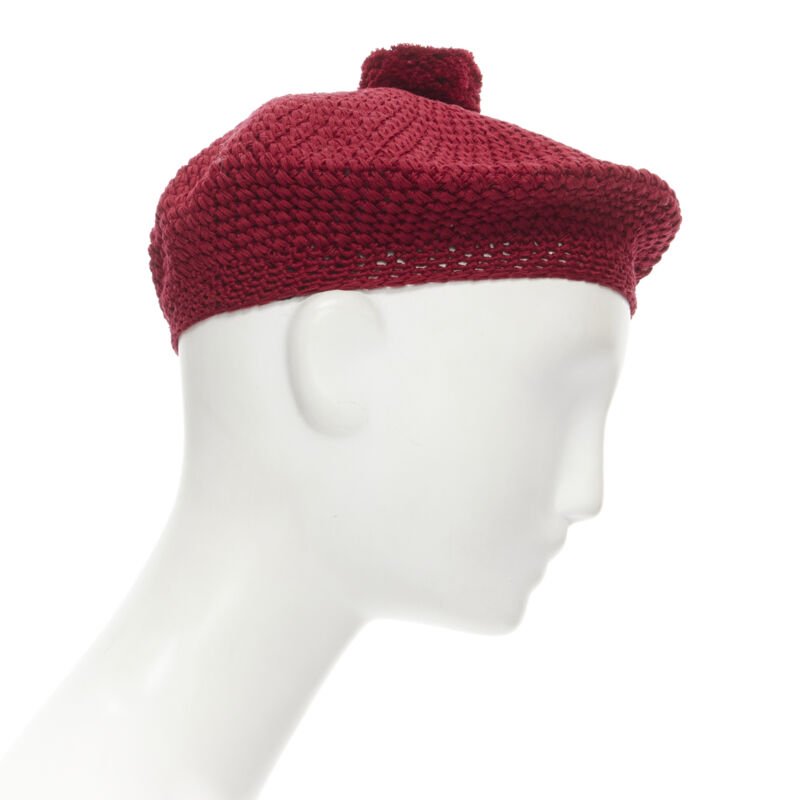 GUCCI Michele 100% cotton burgundy red pom pom knit beret hat M 57cm