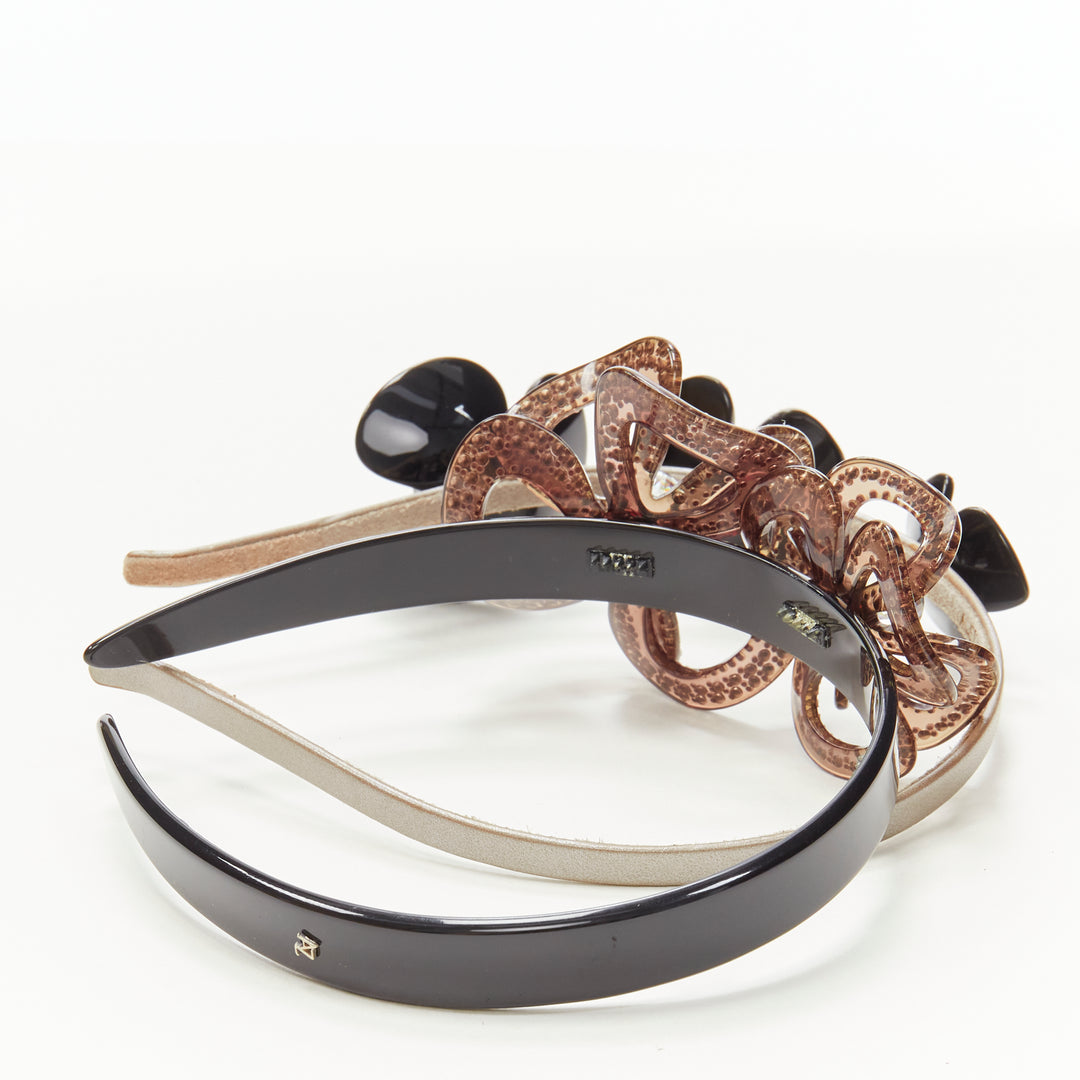 ALEXANDRE ZOUARI black grey crystal 3D layered flower acrylic headband X2