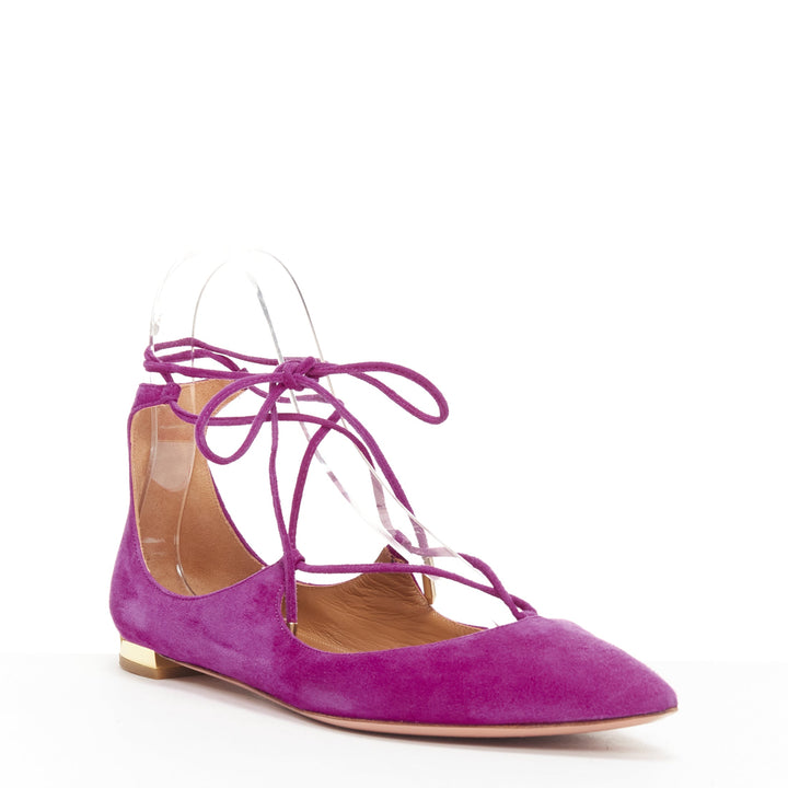 AQUAZZURA Belgravia purple suede leather pointy lace up gold heel flats EU37.5