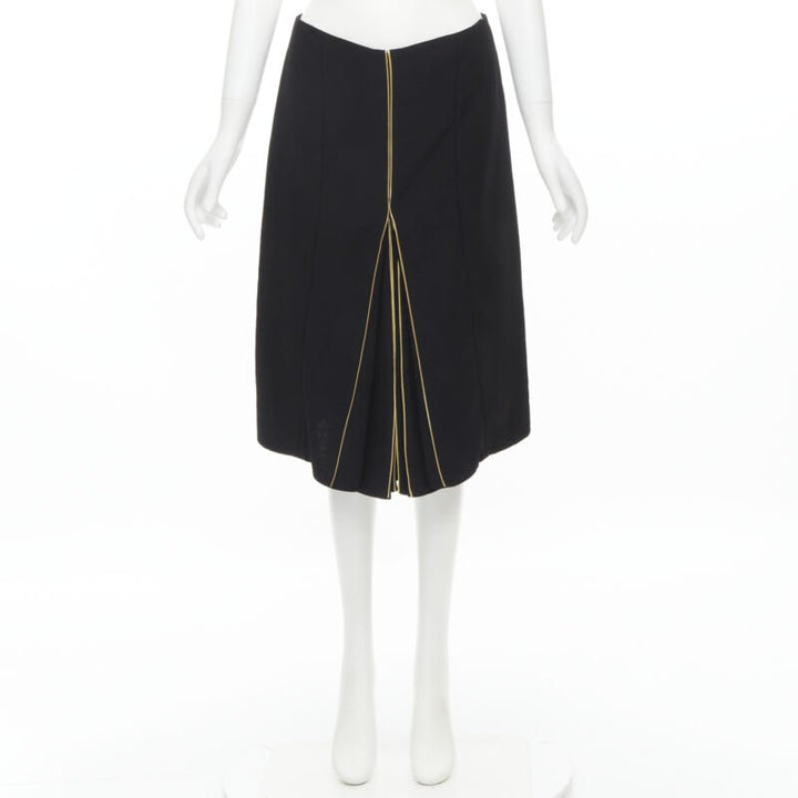MARNI black wool gold piping flared vent knee skirt IT40 S