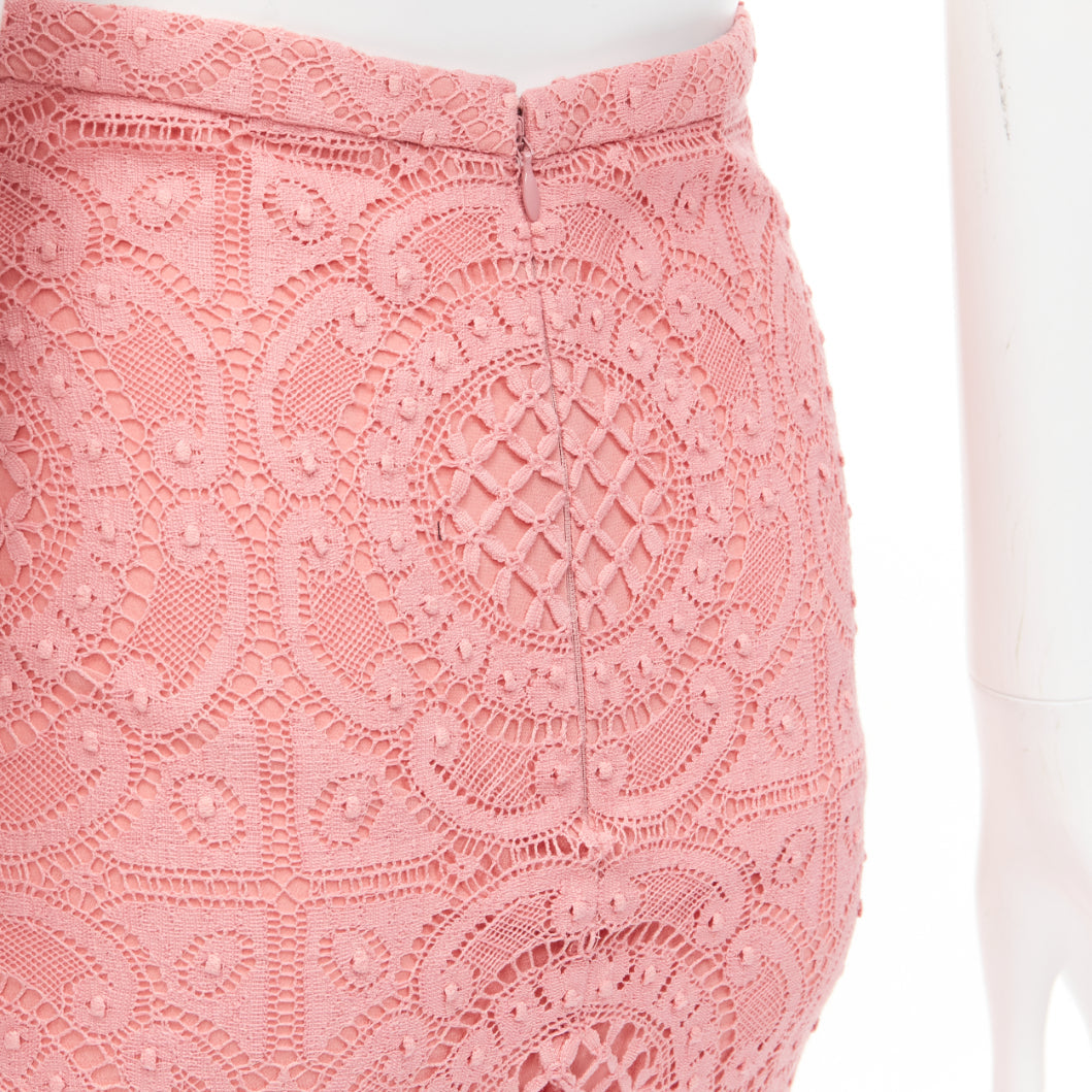 BURBERRY Runway pink cotton blend floral lace high waisted pencil skirt IT36 XXS
