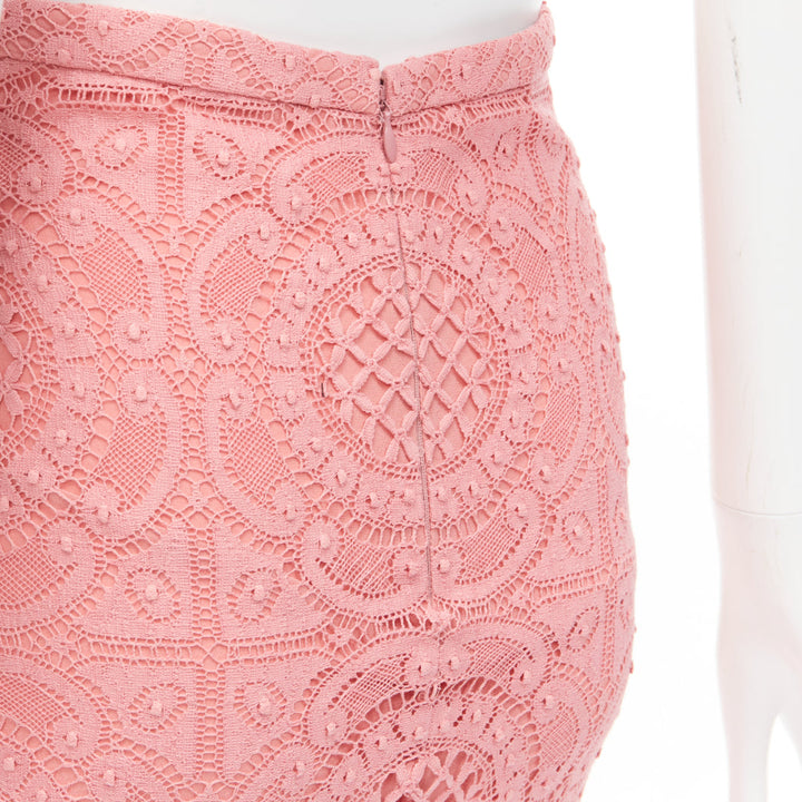 BURBERRY Runway pink cotton blend floral lace high waisted pencil skirt IT36 XXS