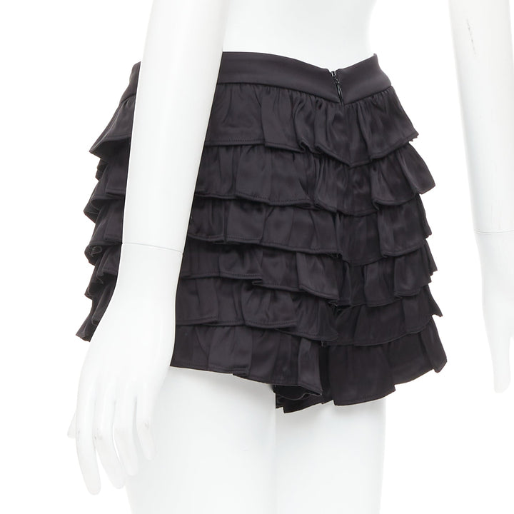 SHUSHU TONG black viscose ruffle tiered crystal bow mini shorts UK6 XS
