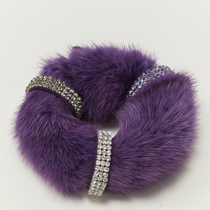 ALEXANDER ZOUARI purple fur crystal ring scrunchle hair tie