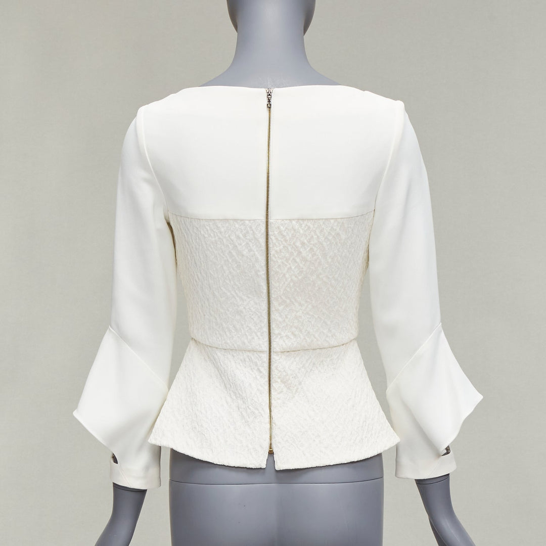 ROLAND MOURET 2018 Richardson cream textured crepe ruffle cuff peplum top UK6 XS