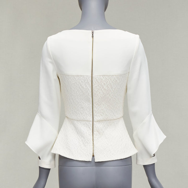 ROLAND MOURET 2018 Richardson cream textured crepe ruffle cuff peplum top UK6 XS