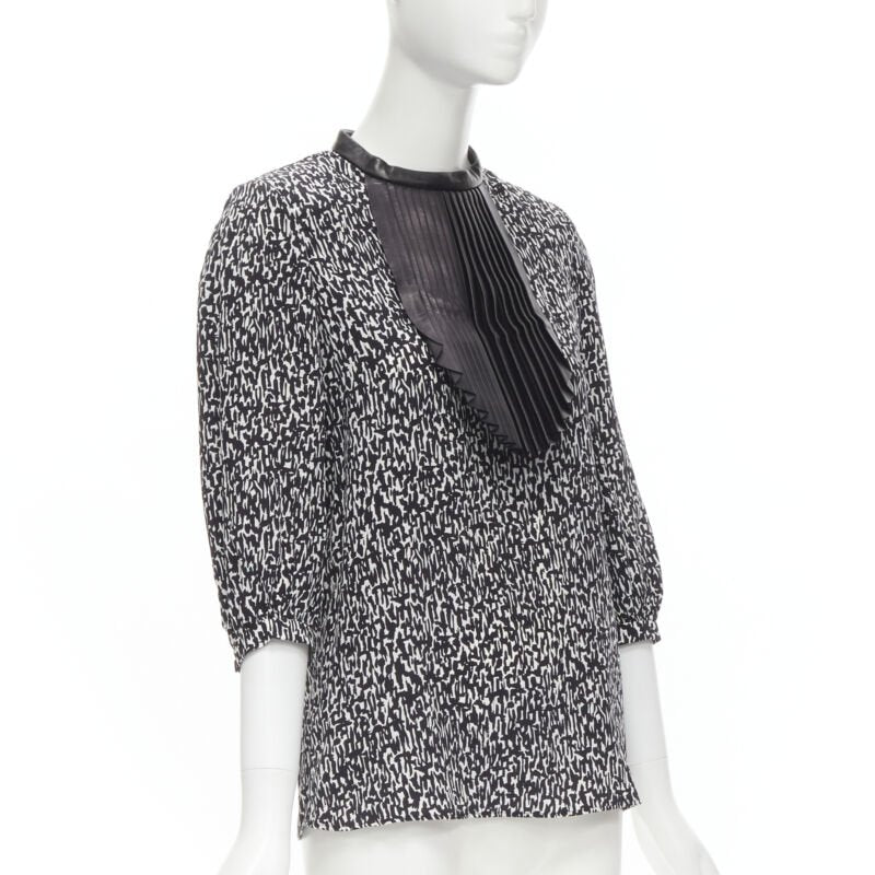SAINT LAURENT Hedi Slimane 2012 black pleated leather bib silk blouse FR38 S