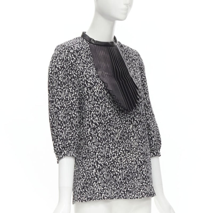 SAINT LAURENT Hedi Slimane 2012 black pleated leather bib silk blouse FR38 S