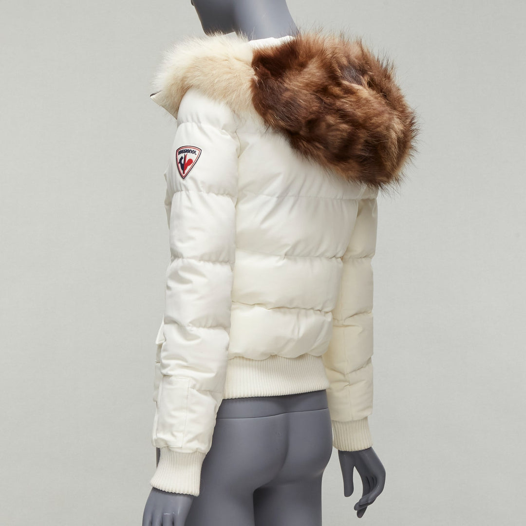 ROSSIGNOL ivory fur trim hood logo hooded down puffer jacket IT38 XS