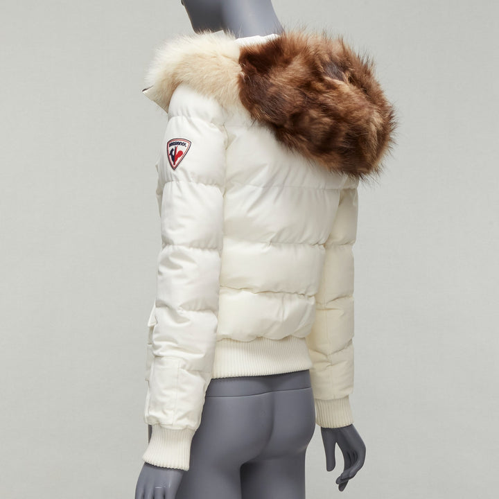 ROSSIGNOL ivory fur trim hood logo hooded down puffer jacket IT38 XS