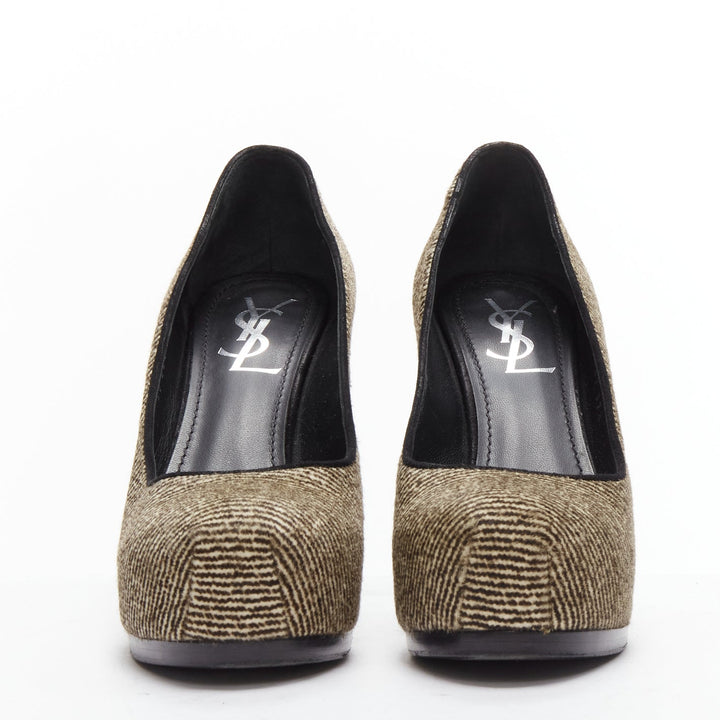 YVES SAINT LAURENT Tribtoo brown wool tweed platform heel pump EU37.5
