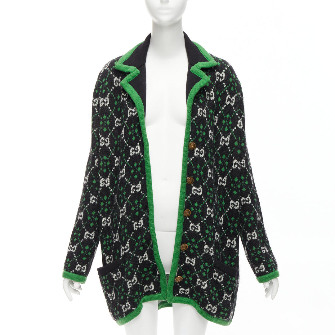 GUCCI 2018 white black GG monogram alpaca wool green trim knit coat S