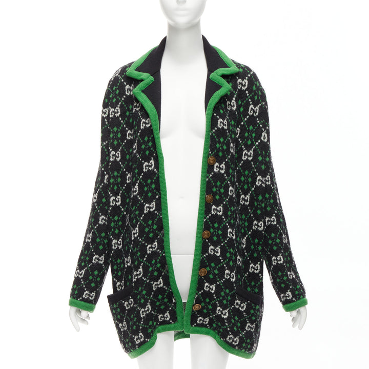 GUCCI 2018 white black GG monogram alpaca wool green trim knit coat S