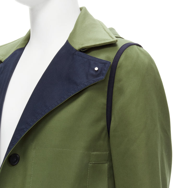 VALENTINO Reversible green navy cotton poplin oversized collar mid coat EU48 M