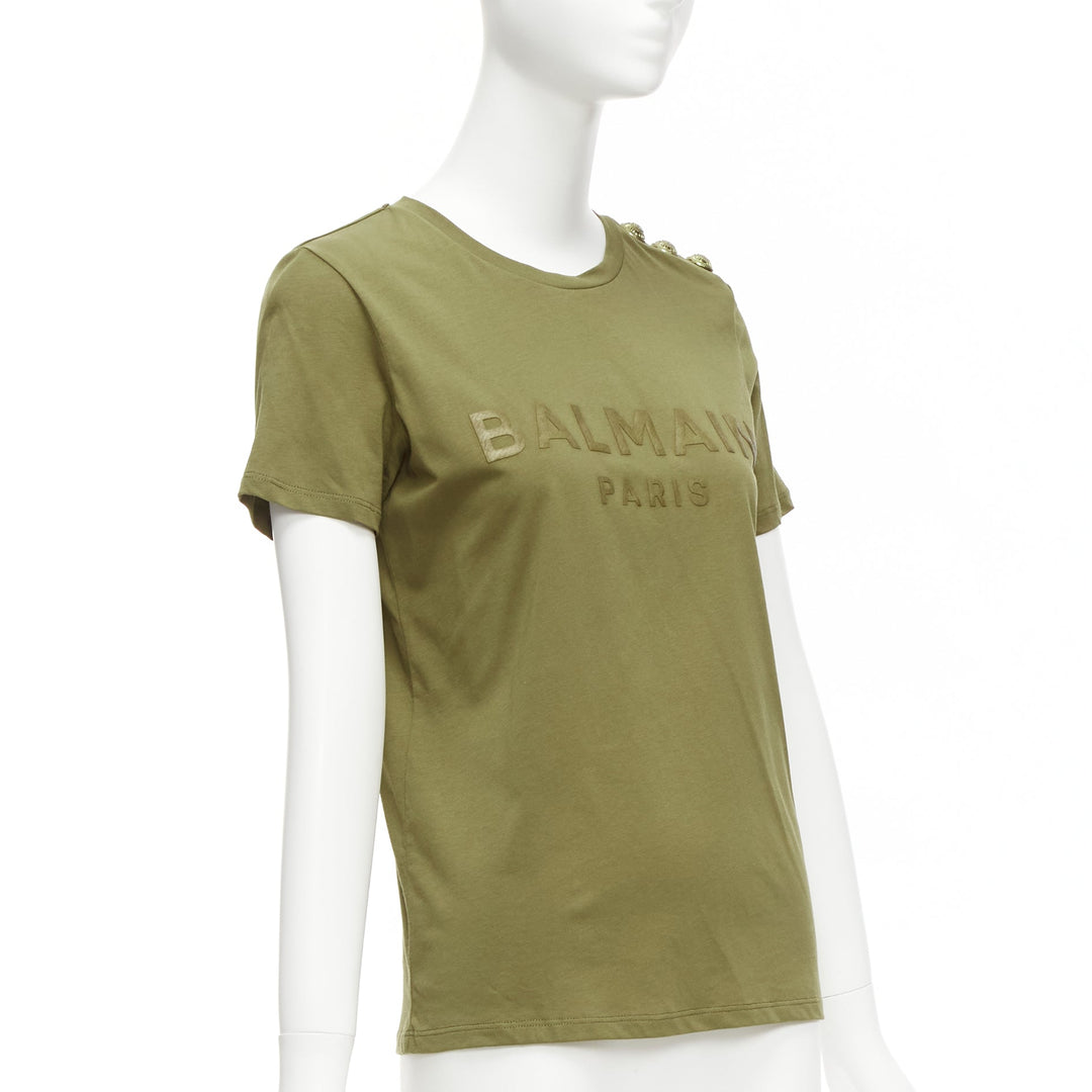 BALMAIN green brown distressed logo military buttons tshirt XS