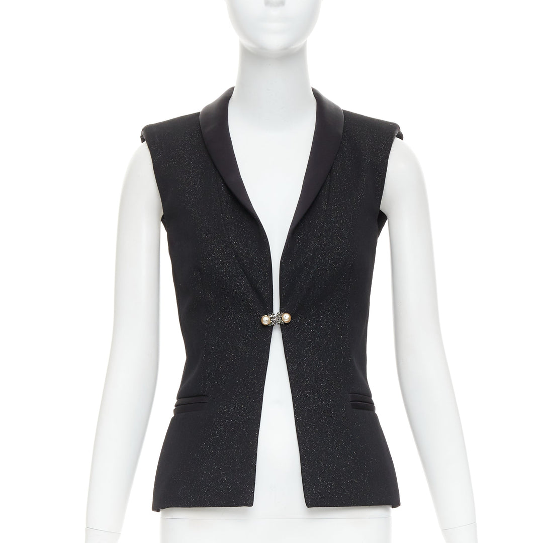CHANEL black wool lurex pearl crystal button satin shawl collar vest FR36 S