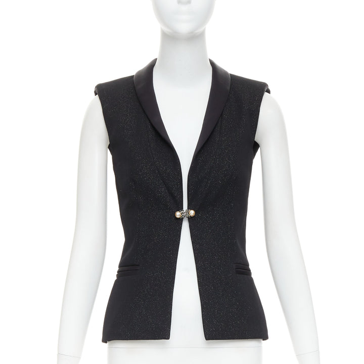 CHANEL black wool lurex pearl crystal button satin shawl collar vest FR36 S