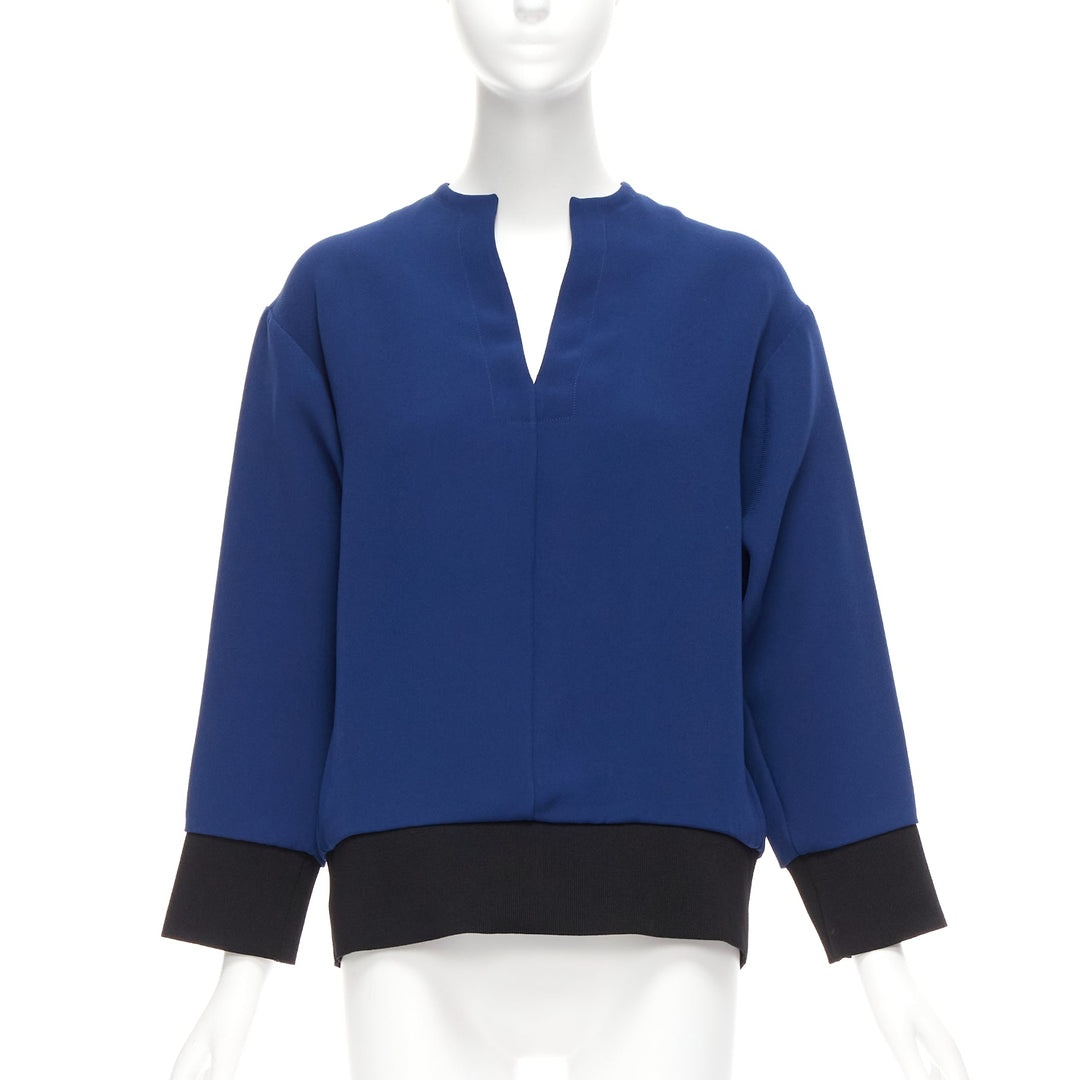 MARNI blue V neck contrast ribbing long sleeve boxy cocoon top IT36 XS