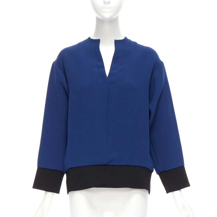 MARNI blue V neck contrast ribbing long sleeve boxy cocoon top IT36 XS