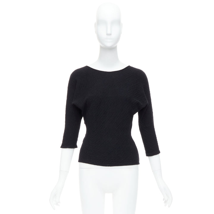 THE ROW black textured bateau neck cropped sleeve pullover top