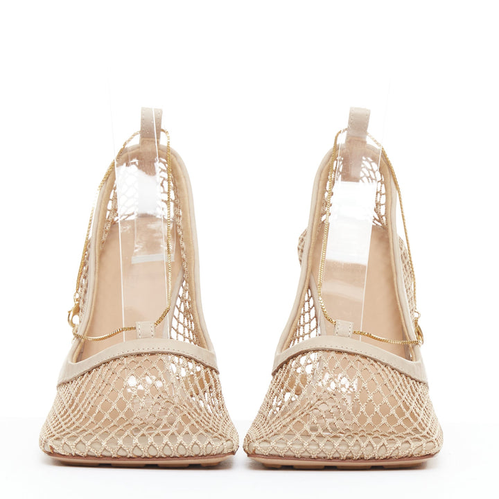 BOTTEGA VENETA Stretch nude leather fishnet square toe chain heels EU37