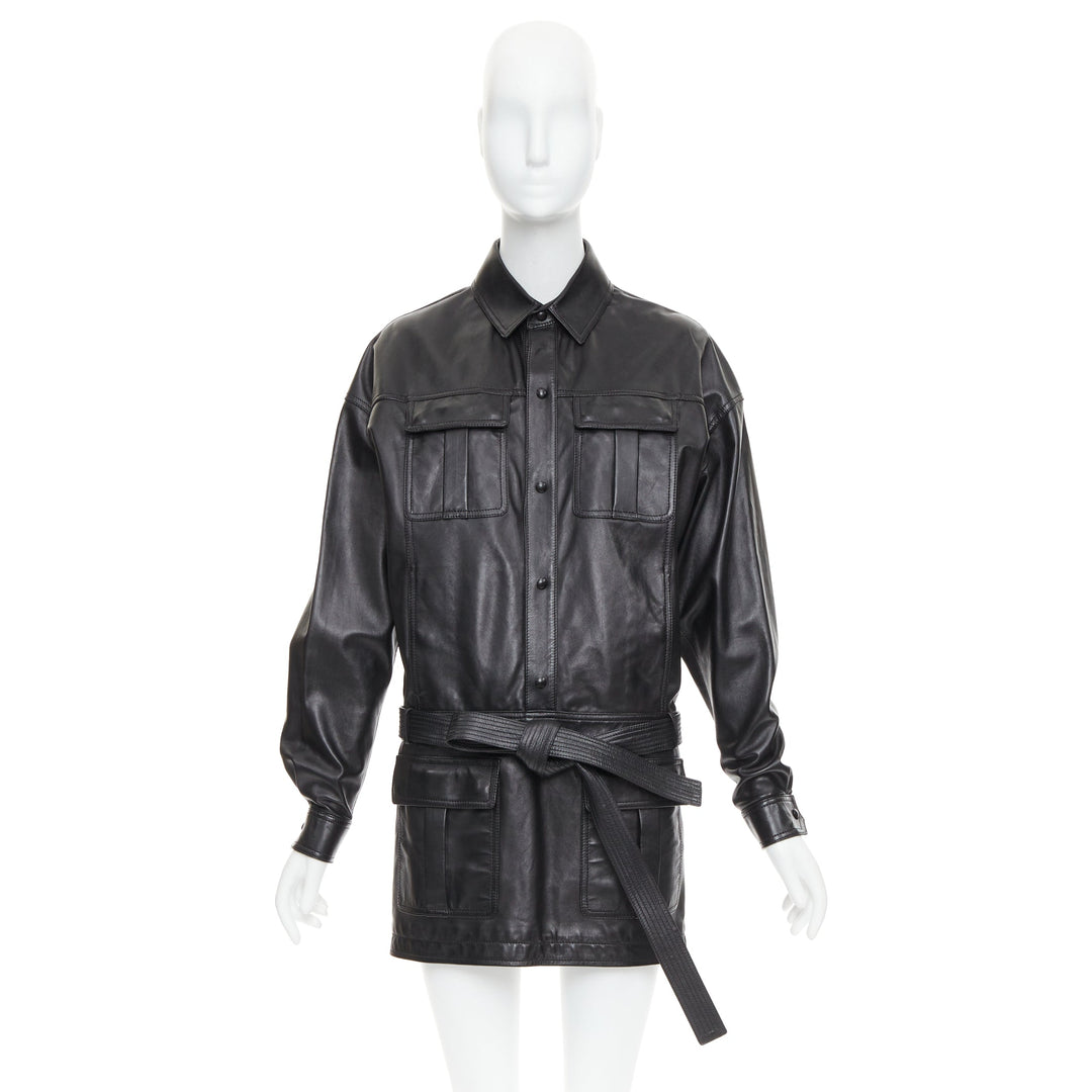 SAINT LAURENT 2018 black lambskin leather low waist safari shirt dress FR36 S