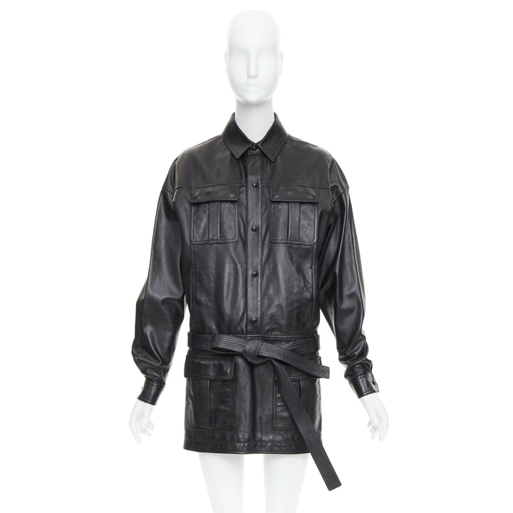 SAINT LAURENT 2018 black lambskin leather low waist safari shirt dress FR36 S