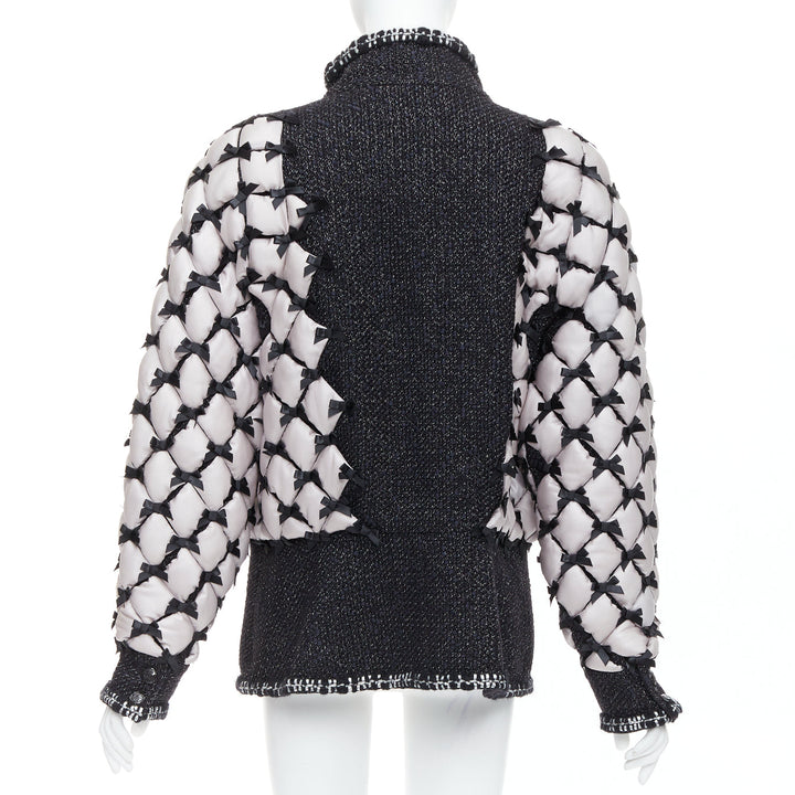 rare CHANEL 15A Runway black tweed white quilted tromp loeil ribbon  jacket FR50