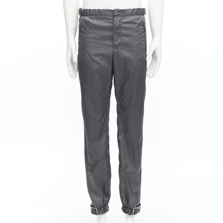 PRADA 2018 logo rubber tab grey gabardine nylon technical jogger pants IT46 S