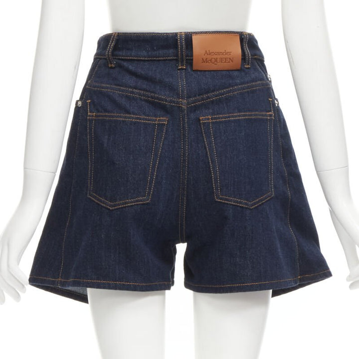 ALEXANDER MCQUEEN blue denim double waistband logo patch layered shorts 24"