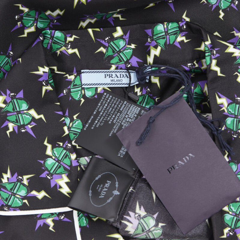 PRADA 2019 Frankenstein Micro Heart black print 100% silk pyjama shirt top S