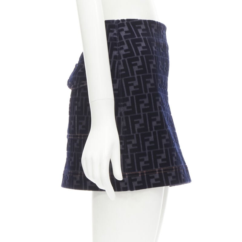FENDI FF Zucca monogram velvet flocking mini denim skirt S