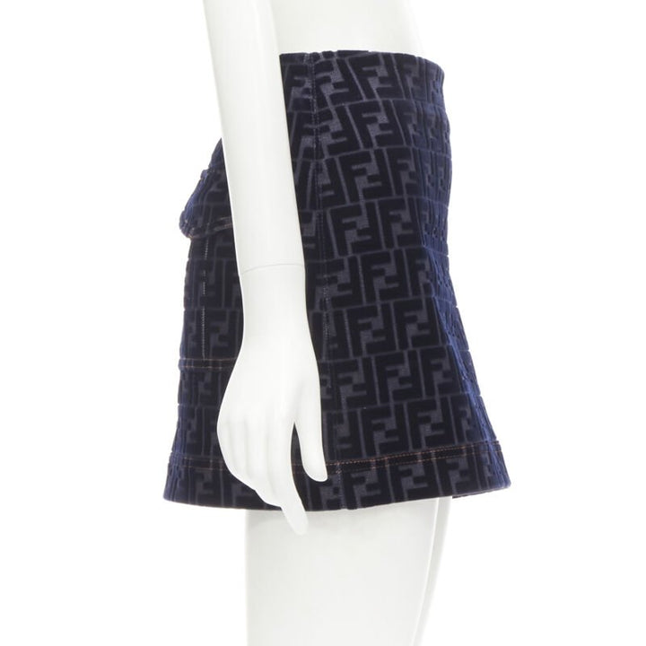 FENDI FF Zucca monogram velvet flocking mini denim skirt S