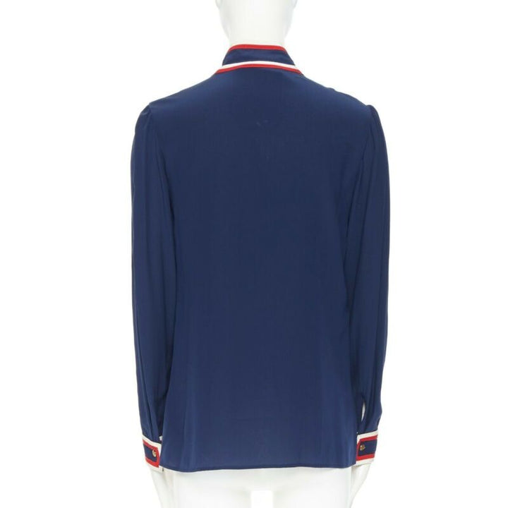 GUCCI navy tricolour ladybird ladybug embellish brooch badge silk shirt IT36 XXS