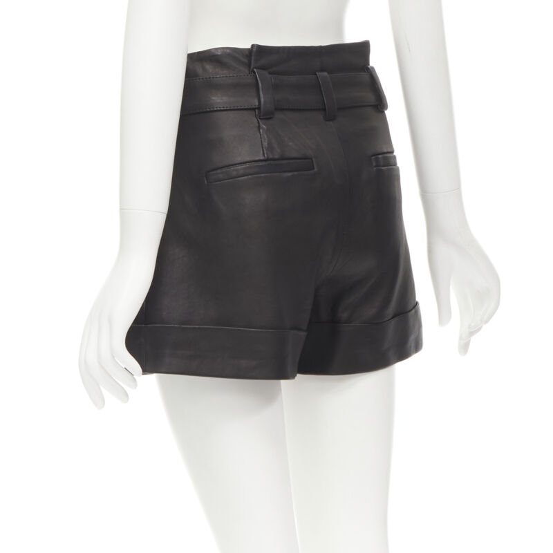 THEORY black leather belted paperbag waist wide cuffed shorts US0 XS